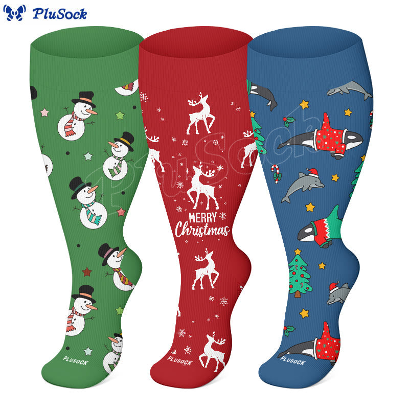 Plus Size Snowman Whale Elk Compression Socks(3 Pairs) - image 0