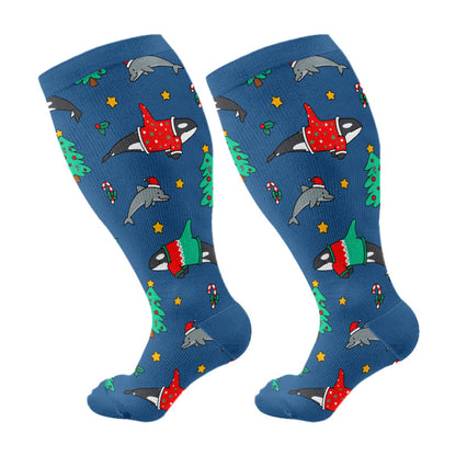 Plus Size Snowman Whale Elk Compression Socks(3 Pairs) - Blue(1 Pair) - 4XL - image 8