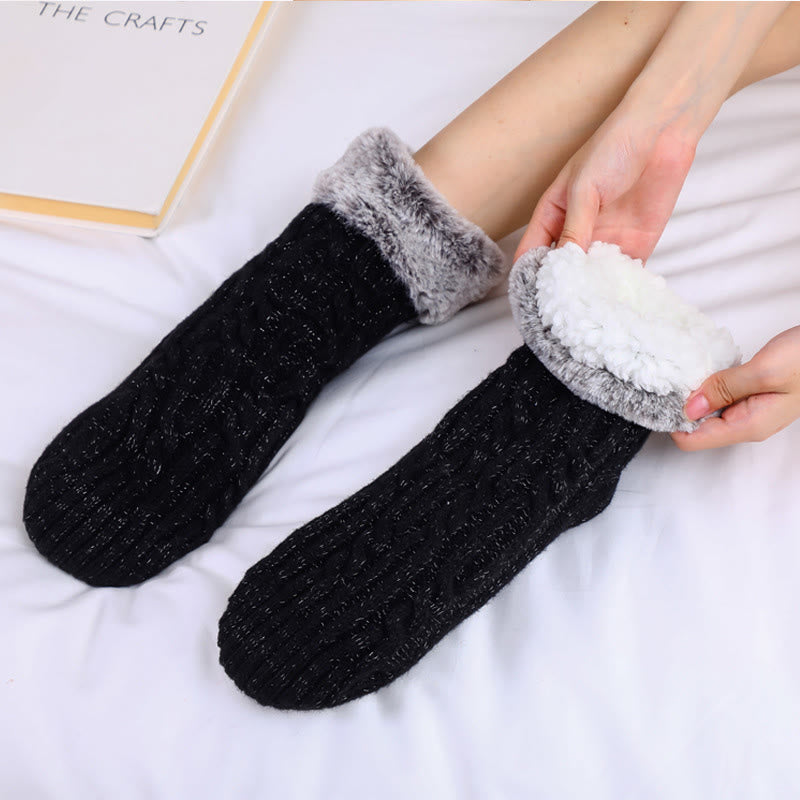 Plus Size Fleece Sock Cuffs Slipper Socks - Black - EU39-42(US6-8.5) - image 1