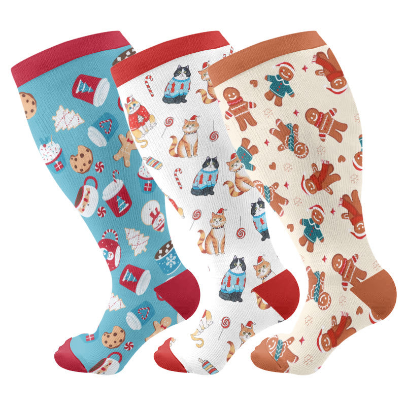Plus Size Adorable Christmas Mix Compression Socks(3 Pairs) - image 1