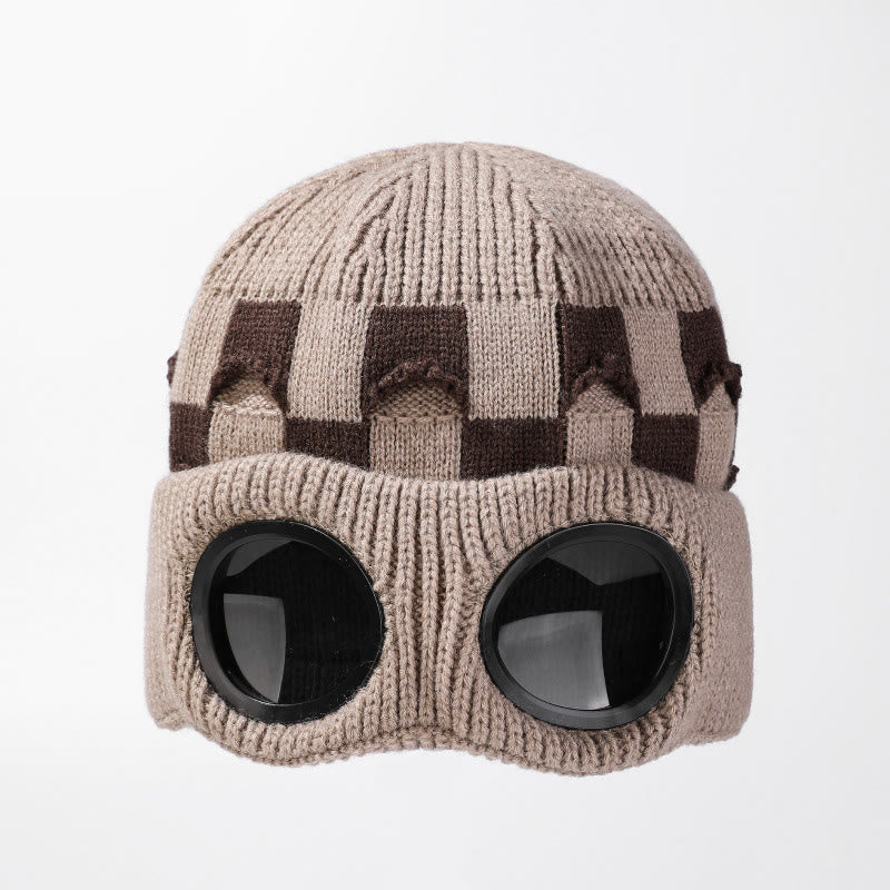 Grid Soft Beanie With Goggles - Khaki - One Size - image 17