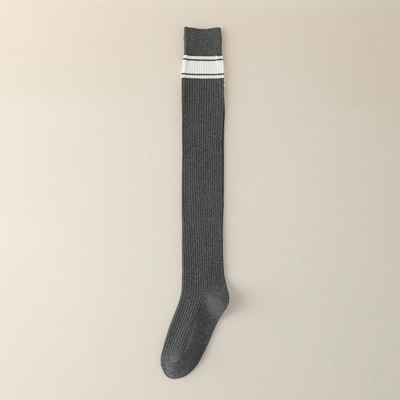 Classic Double Stripe Thigh High Socks(2 Pairs) - Grey - EU36-40(US3-7) - image 9