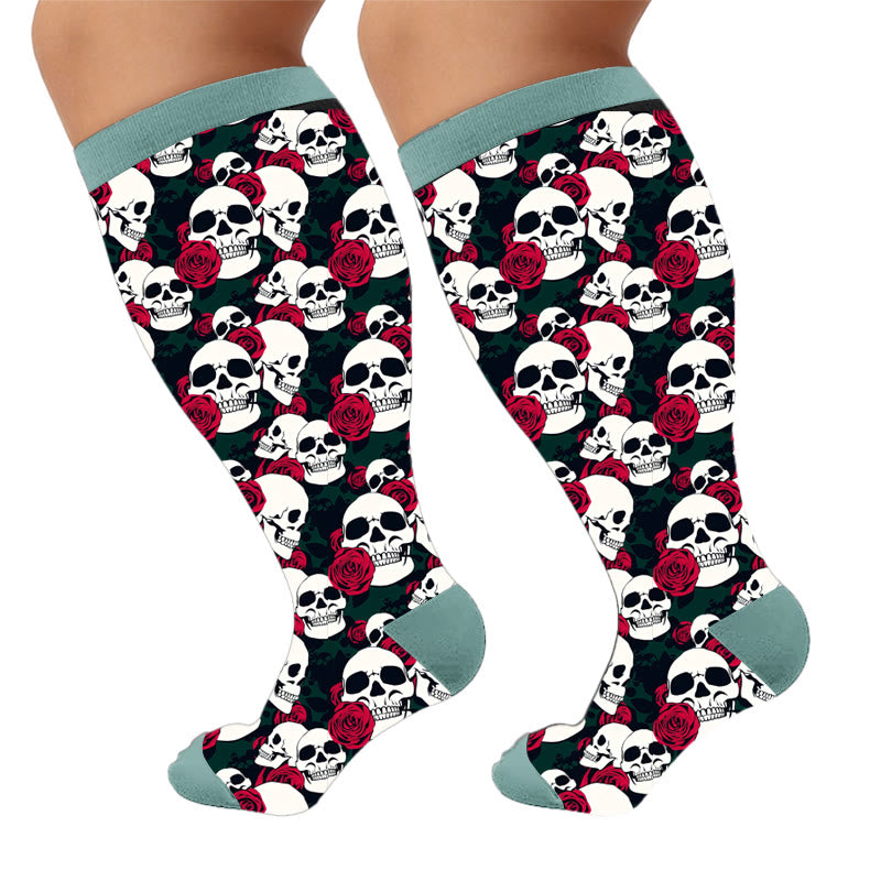Skull Floral Compression Socks - Green - 4XL - image 5