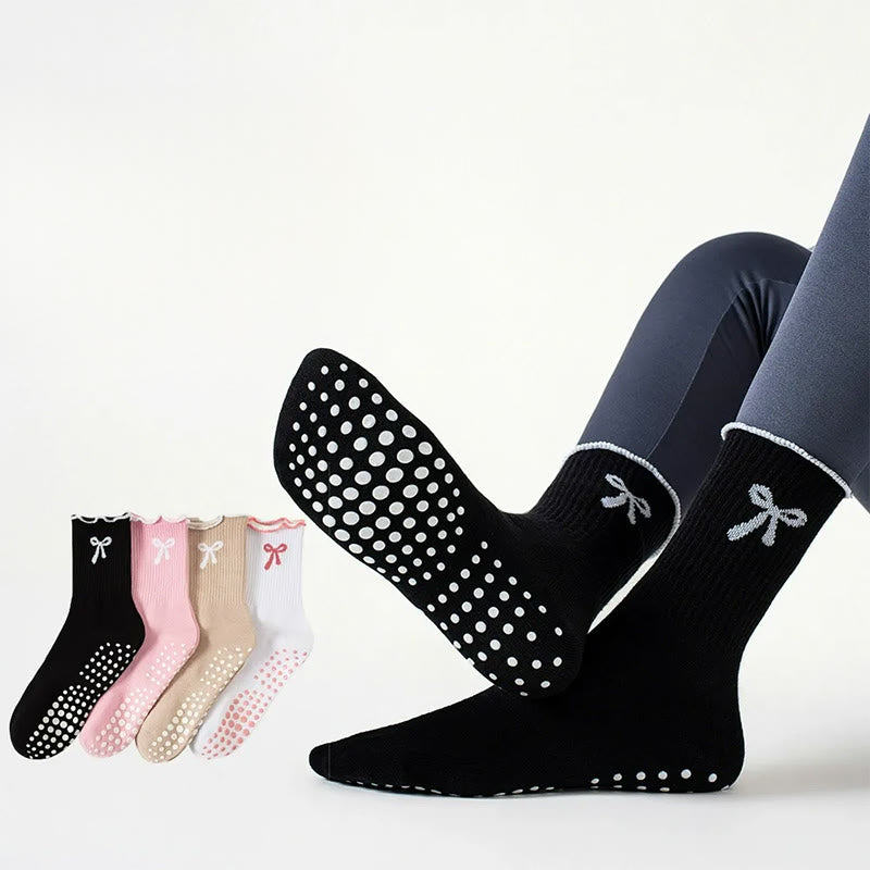 Delicate Bow Embroidery Grip Socks(4 Pairs) - image 0