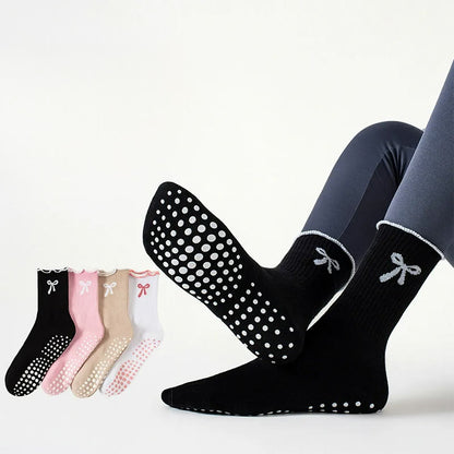Delicate Bow Embroidery Grip Socks(4 Pairs) - image 0
