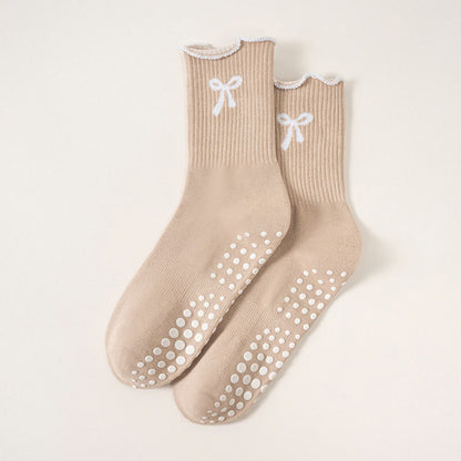 Delicate Bow Embroidery Grip Socks(4 Pairs) - Khaki - EU36-40(US3-7) - image 13