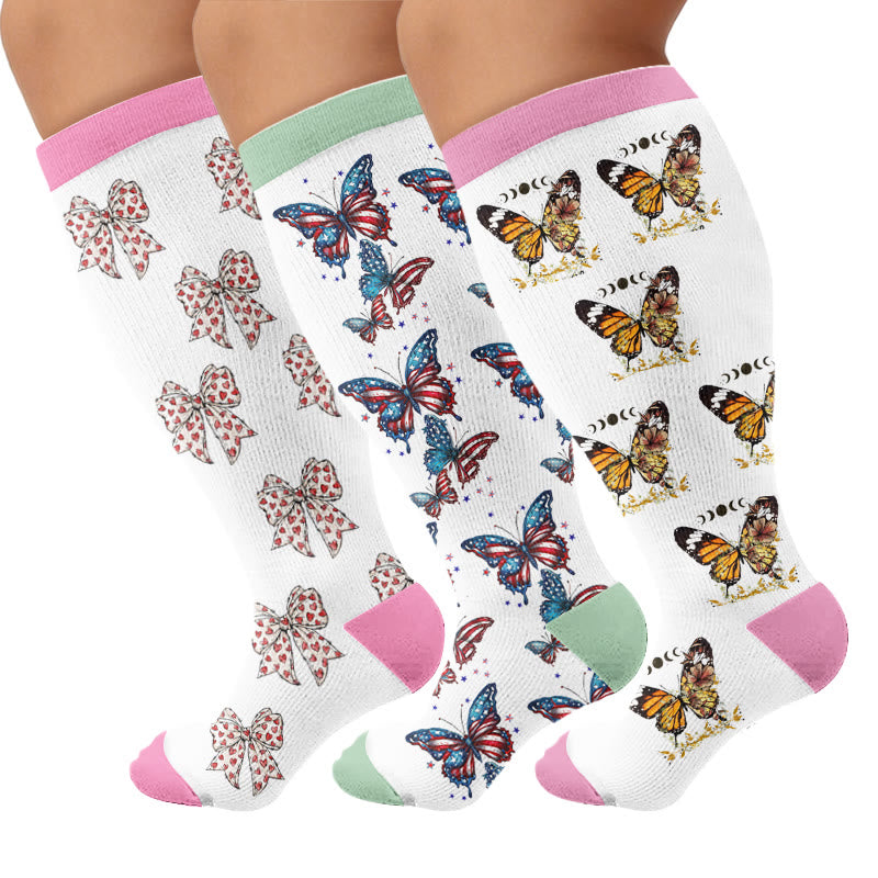 Plus Size Butterfly Bow Tie Compression Socks - Multicolor(3 Pairs) - 4XL - image 1