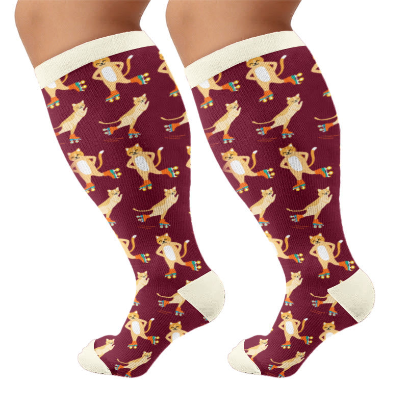 Plus Size Moon Star Cat Compression Socks - Wine - 4XL - image 7