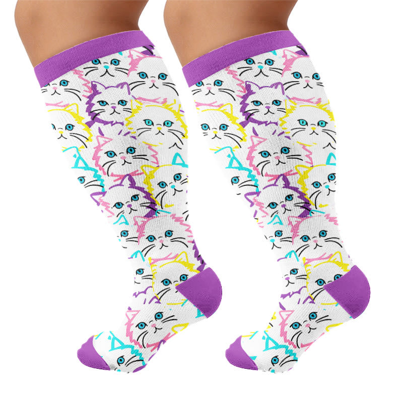 Plus Size Moon Star Cat Compression Socks - White - 4XL - image 6