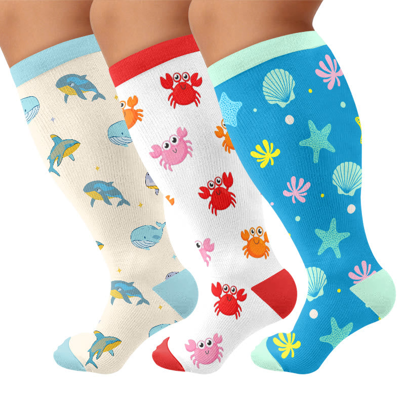 Plus Size Whale Crab Starfish Compression Socks - Multicolor(3 Pairs) - 4XL - image 1