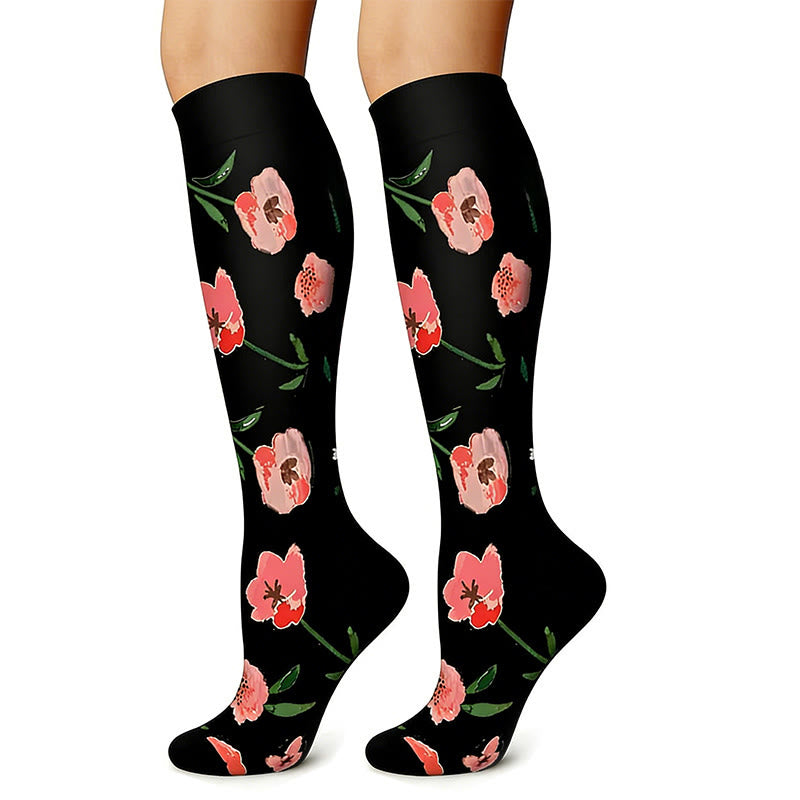 Black White Floral Knee High Compression Socks(6 Pairs) - image 1
