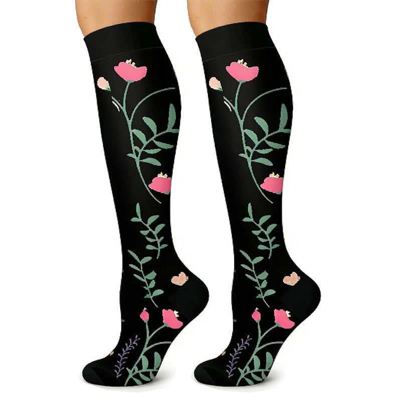 Black White Floral Knee High Compression Socks(6 Pairs) - image 3