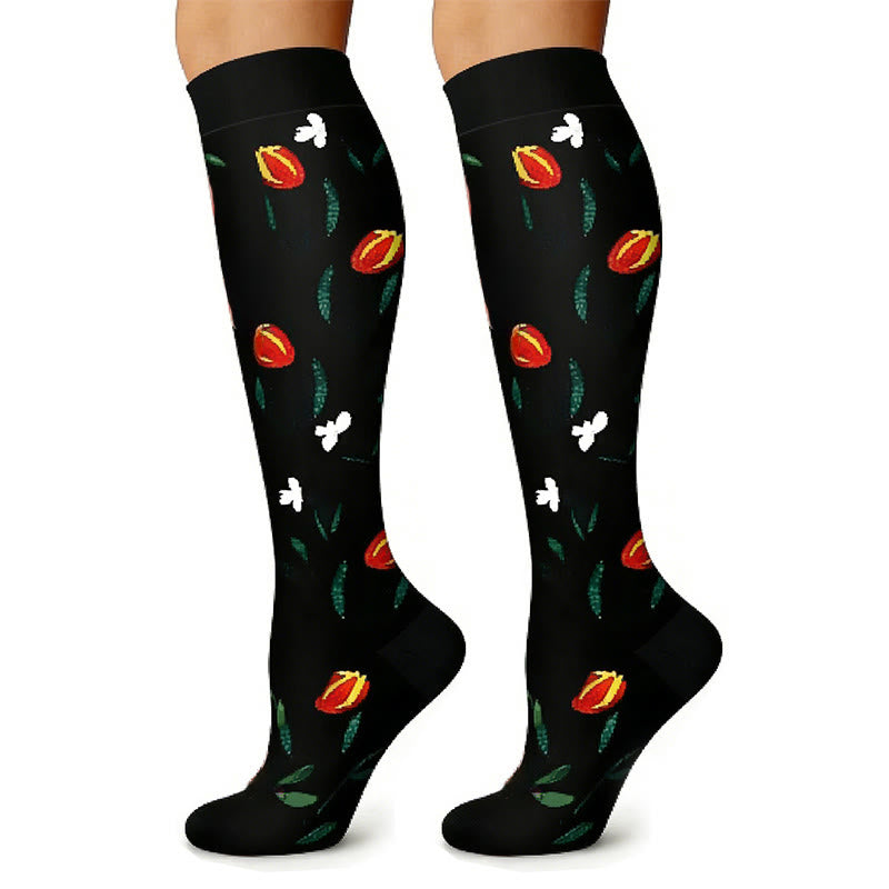 Black White Floral Knee High Compression Socks(6 Pairs) - image 2