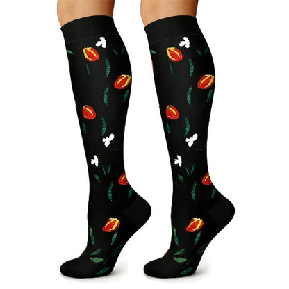 Black White Floral Knee High Compression Socks(6 Pairs) - image 2