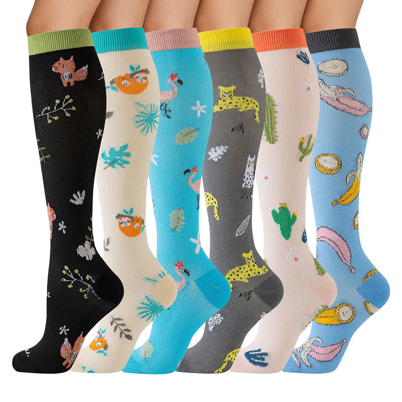 Cute Animal Plant Print Compression Socks(6 Pairs) - image 1