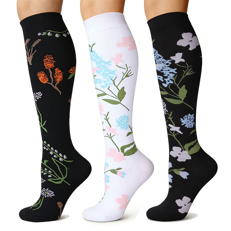 Flower Pattern Compression Socks(3 Pairs) - image 1