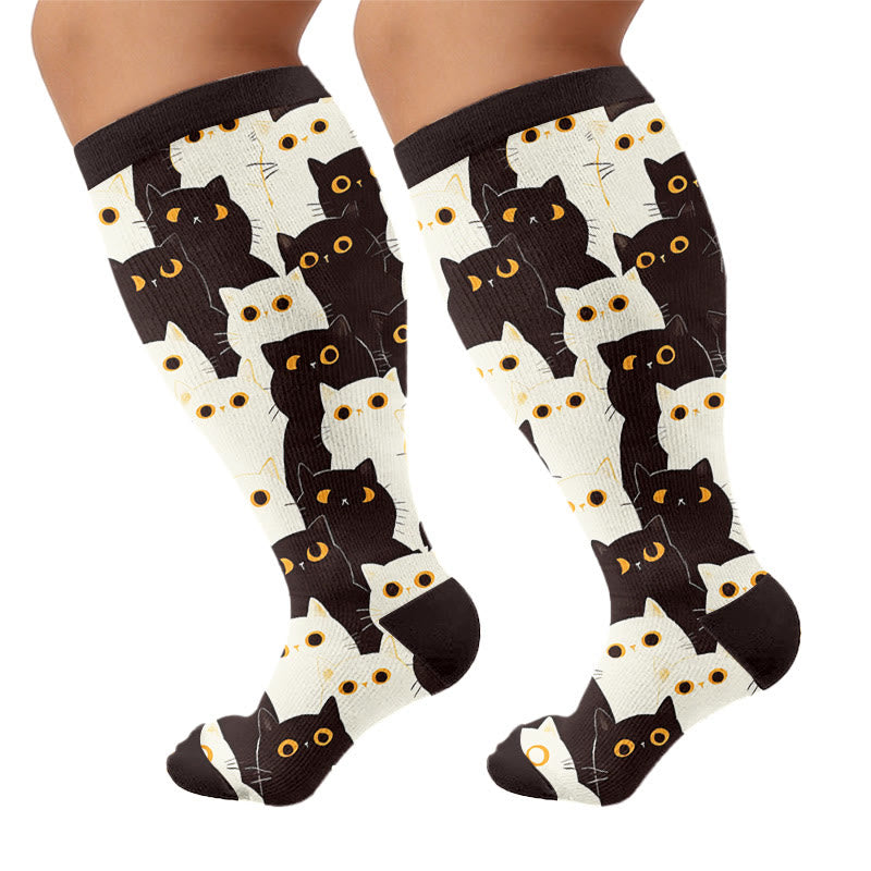 Plus Size Cute Playful Cat Compression Socks - Black - 4XL - image 6