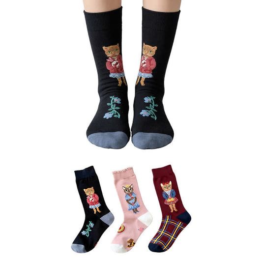 Cute Cat Flower Quarter Socks(3 Pairs) - Multicolor - EU36-40(US3-7) - image 0