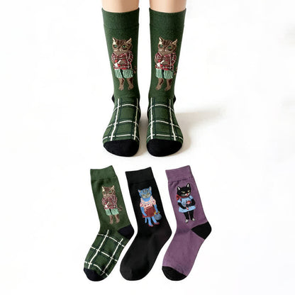 Retro Cartoon Cat Socks(3 Pairs) - Multicolor - EU36-40(US3-7) - image 0