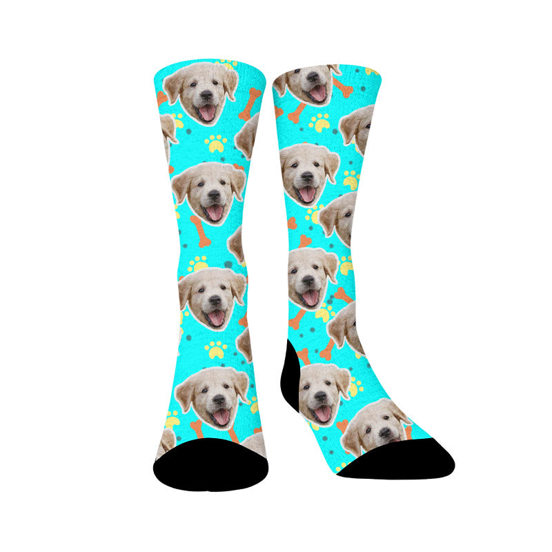 Bone Paw Print Dog Face Custom Socks - Sky Blue - EU37-44(US4-10) - image 15