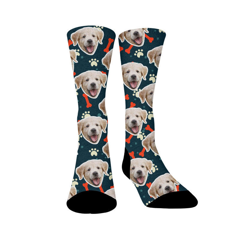 Bone Paw Print Dog Face Custom Socks - Dark Green - EU37-44(US4-10) - image 9