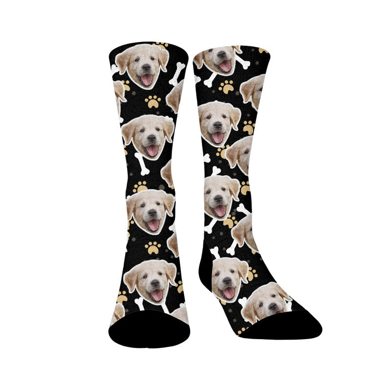 Bone Paw Print Dog Face Custom Socks - Black - EU37-44(US4-10) - image 8