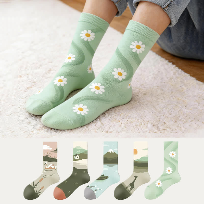 Flower Field Quarter Socks(5 Pairs) - Multicolor - EU35-43(US2-9) - image 0