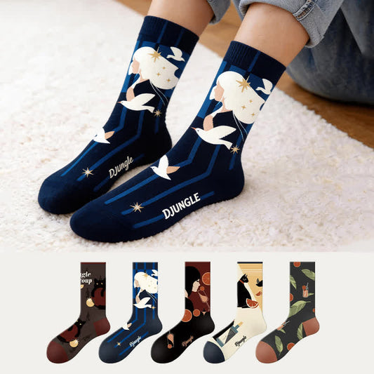 Bird Cat Pattern Quarter Socks(5 Pairs) - Multicolor - EU35-43(US2-9) - image 0