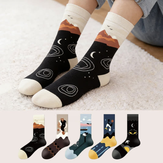 Sun Moon Pattern Quarter Socks(5 Pairs) - Multicolor - EU35-43(US2-9) - image 0