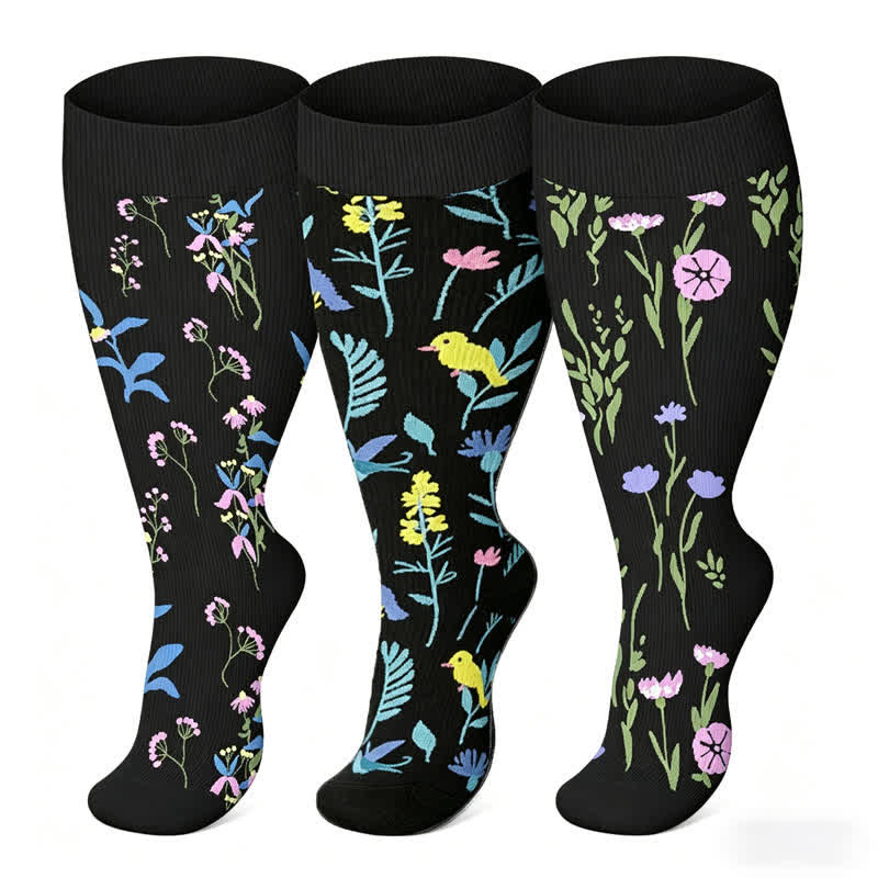 Plus Size Painted Flowers Compression Socks(3 Pairs) - image 0