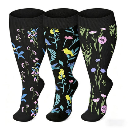 Plus Size Painted Flowers Compression Socks(3 Pairs) - image 0