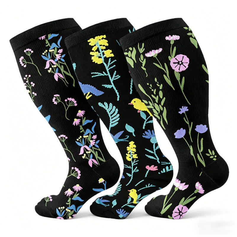 Plus Size Painted Flowers Compression Socks(3 Pairs) - Multicolor - 4XL - image 1