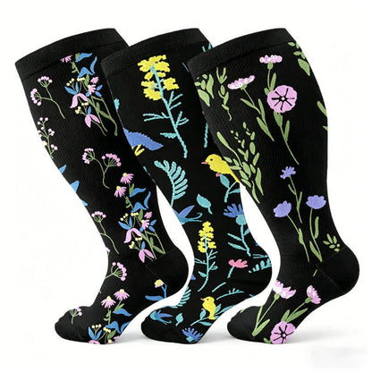 Plus Size Painted Flowers Compression Socks(3 Pairs) - Multicolor - 4XL - image 1