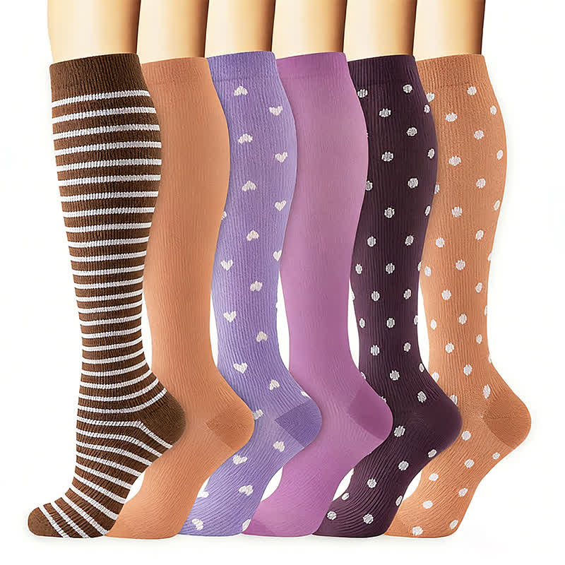 Stripes Polka Dot Solid Color Compression Socks(6 Pairs) - Multicolor - L/XL - image 0