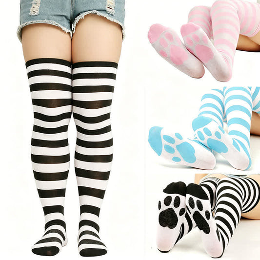 Striped Cat Paw Thigh High Socks(3 Pairs) - image 0
