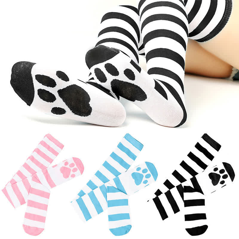 Striped Cat Paw Thigh High Socks(3 Pairs) - image 2