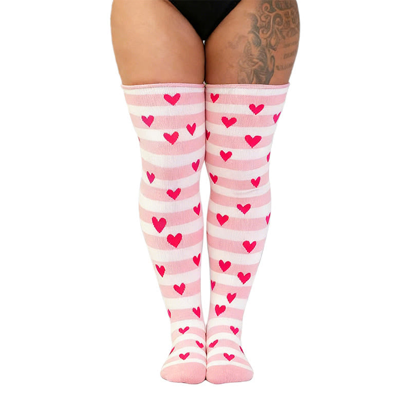 Polka Dots Heart Striped Thigh High Socks - Pink - One Size - image 4