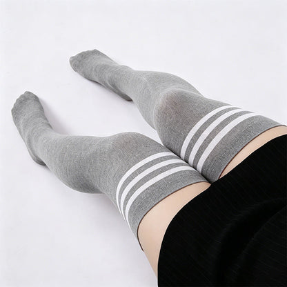 Three Bar Stripes Thigh High Socks(2 Pairs) - Grey - One Size - image 1