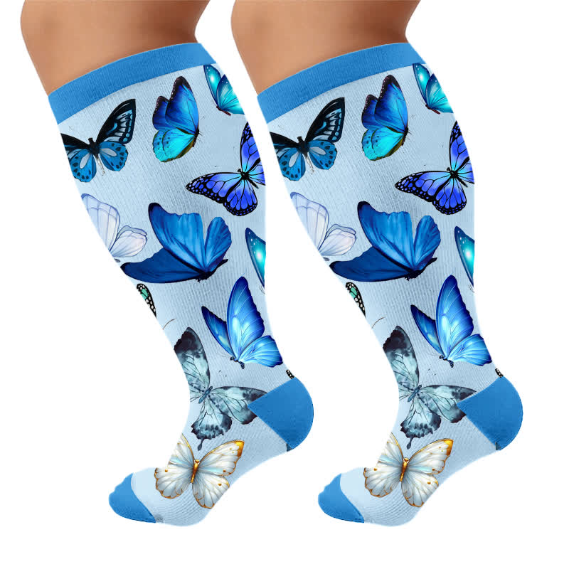 Plus Size Pastel Floral Butterfly Compression Socks - Blue - 4XL - image 7