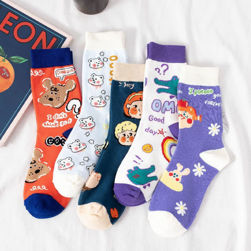 Cute Bear Print Quarter Socks(5 Pairs) - Multicolor - EU35-41(US2-7.5) - image 1
