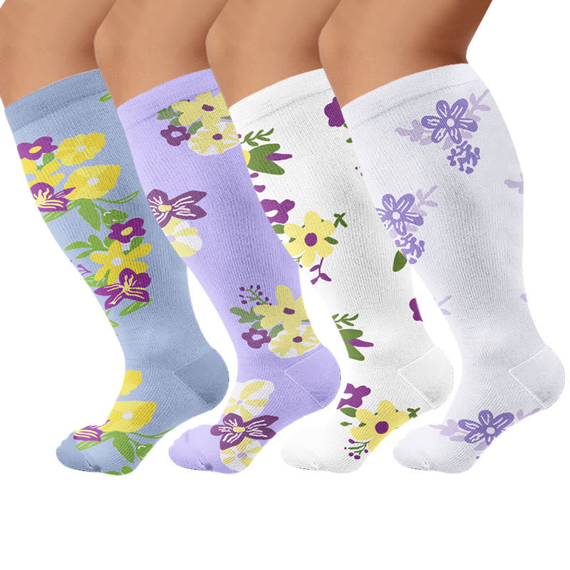 Plus Size Floral Compression Socks(4 Pairs) - Multicolor - 4XL - image 1