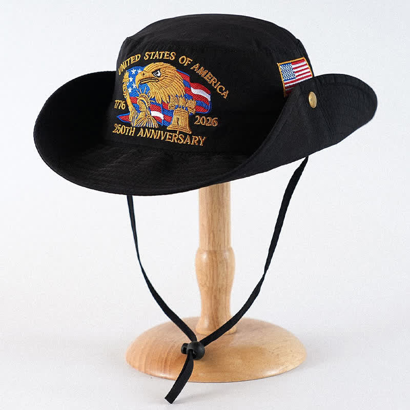 Flag Eagle Embroidered Outdoor Sun Hat - Black - One Size - image 4
