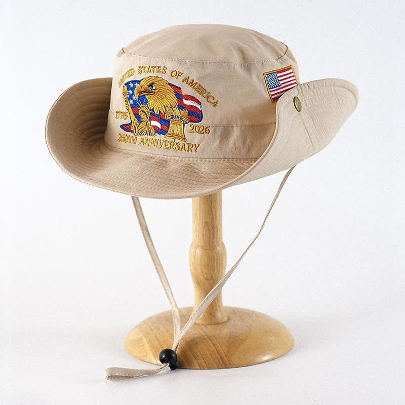 Flag Eagle Embroidered Outdoor Sun Hat - Beige - One Size - image 1