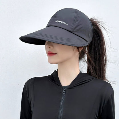 High Ponytail Opening Wide Brim Sport Sun Hat - Black - One Size - image 0