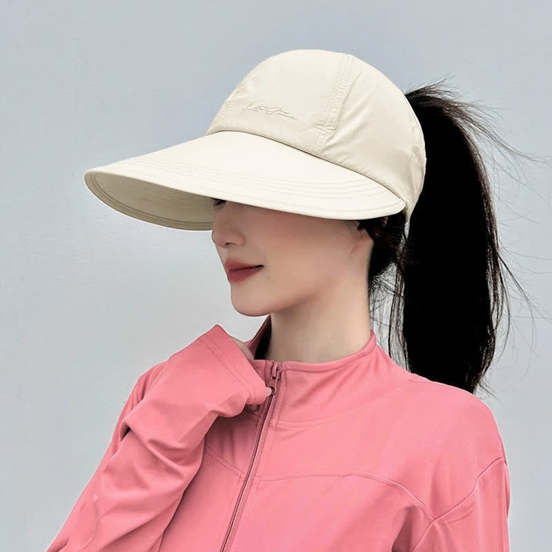 High Ponytail Opening Wide Brim Sport Sun Hat - Beige - One Size - image 6