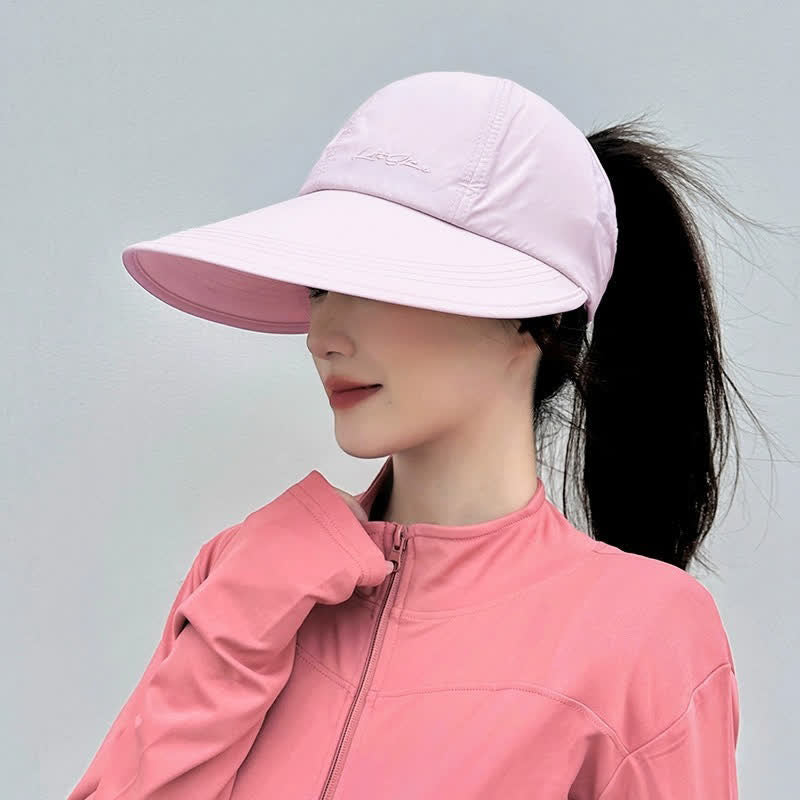 High Ponytail Opening Wide Brim Sport Sun Hat - Pink - One Size - image 5