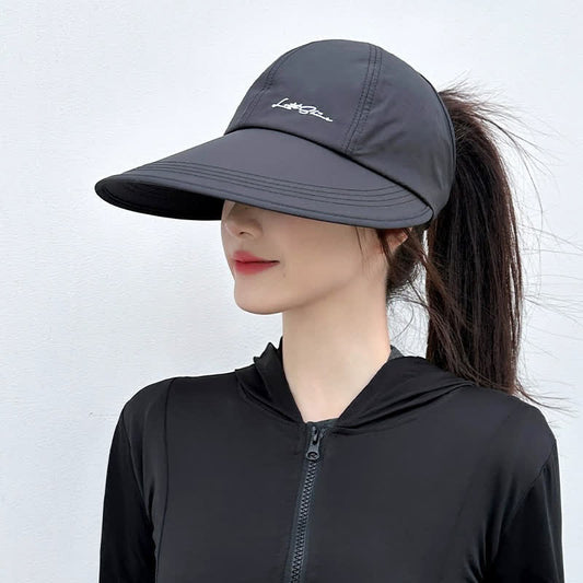 High Ponytail Opening Wide Brim Sport Sun Hat - Black - One Size - image 0
