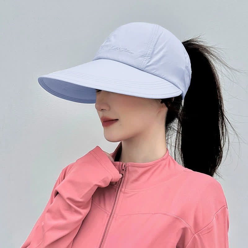 High Ponytail Opening Wide Brim Sport Sun Hat - Blue - One Size - image 7