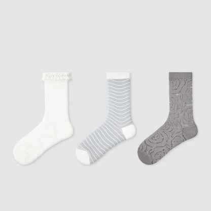 Ruffle Trim Stripe Sheer Quarter Socks (3 Pairs) - Multicolor - EU35-39(US2-6) - image 1