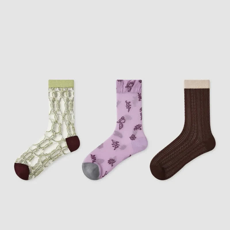 Vintage Jacquard Sheer Quarter Socks (3 Pairs) - Multicolor - EU35-39(US2-6) - image 1
